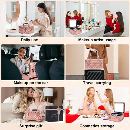 Makeup Box with Led Mirror,Travel Train Hard Case with Rechargeable Lighted Mirror Adjustable Dividers,Cosmetic Organizer Storage Bag for Makeup Artists,Appropriate Gift for Women and Girls,Black