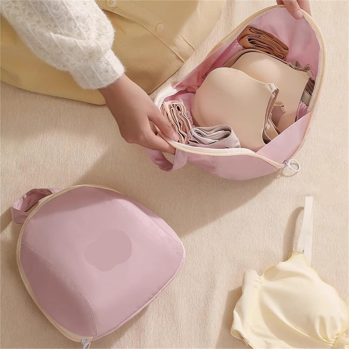 Travel Underwear Organizer Bag Portable Travel Bra Underwear Organizer Bags Multi-function Storage Bag for Intimate Clothes(Beige)