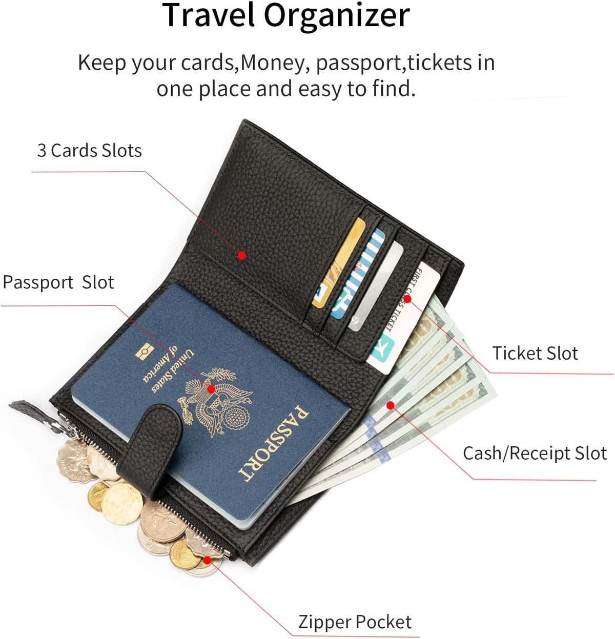 Passport wallet and Card Slot Combo RFID Blocking Leather Travel Passport Wallet for Men and Women with Zippered Coins Pocket Passport holder, Deep Blue