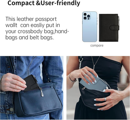 Passport wallet and Card Slot Combo RFID Blocking Leather Travel Passport Wallet for Men and Women with Zippered Coins Pocket Passport holder, Deep Blue