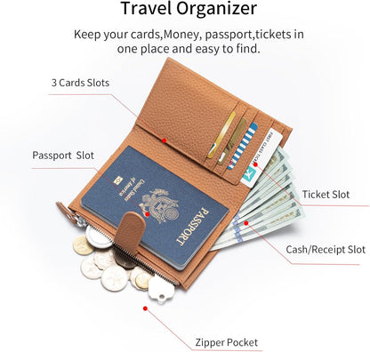 Passport wallet and Card Slot Combo RFID Blocking Leather Travel Passport Wallet for Men and Women with Zippered Coins Pocket Passport holder, Deep Blue