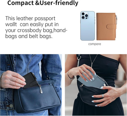 Passport wallet and Card Slot Combo RFID Blocking Leather Travel Passport Wallet for Men and Women with Zippered Coins Pocket Passport holder, Deep Blue