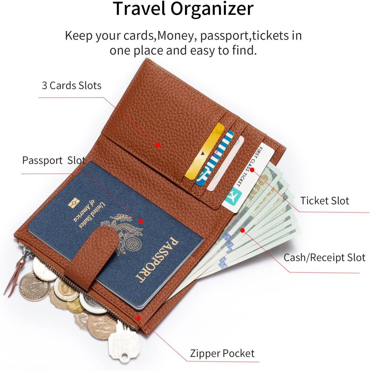 Passport wallet and Card Slot Combo RFID Blocking Leather Travel Passport Wallet for Men and Women with Zippered Coins Pocket Passport holder, Deep Blue