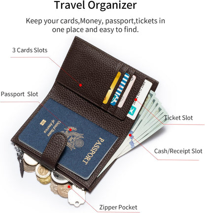 Passport wallet and Card Slot Combo RFID Blocking Leather Travel Passport Wallet for Men and Women with Zippered Coins Pocket Passport holder, Deep Blue