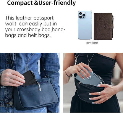 Passport wallet and Card Slot Combo RFID Blocking Leather Travel Passport Wallet for Men and Women with Zippered Coins Pocket Passport holder, Deep Blue