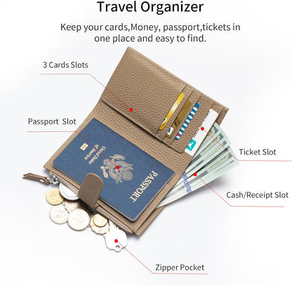 Passport wallet and Card Slot Combo RFID Blocking Leather Travel Passport Wallet for Men and Women with Zippered Coins Pocket Passport holder, Deep Blue
