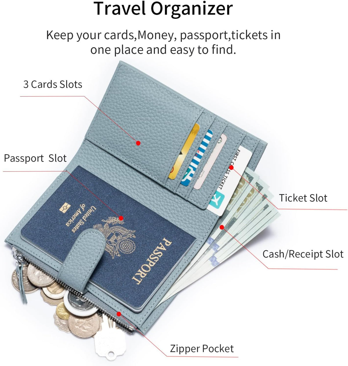 Passport wallet and Card Slot Combo RFID Blocking Leather Travel Passport Wallet for Men and Women with Zippered Coins Pocket Passport holder, Deep Blue