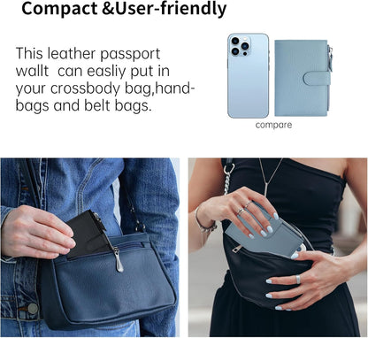 Passport wallet and Card Slot Combo RFID Blocking Leather Travel Passport Wallet for Men and Women with Zippered Coins Pocket Passport holder, Deep Blue