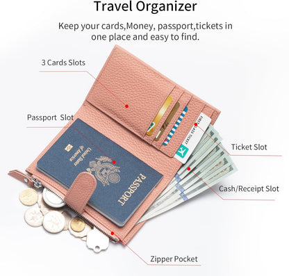 Passport wallet and Card Slot Combo RFID Blocking Leather Travel Passport Wallet for Men and Women with Zippered Coins Pocket Passport holder, Deep Blue