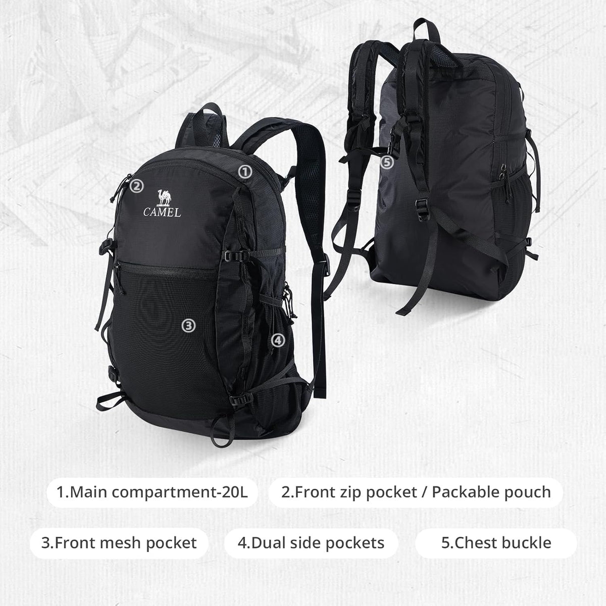 Foldable Hiking Backpack Lightweight Travel Backpack Waterproof Small packable backpack Men's and Women's 20L