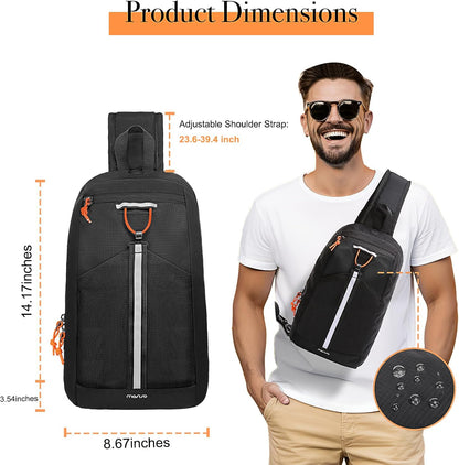 Sling Bag RFID Crossbody Sling Backpack for Women Men, Anti Theft Travel Hiking Daypack with Front Mesh Pocket One Shoulder Chest Bag, Black
