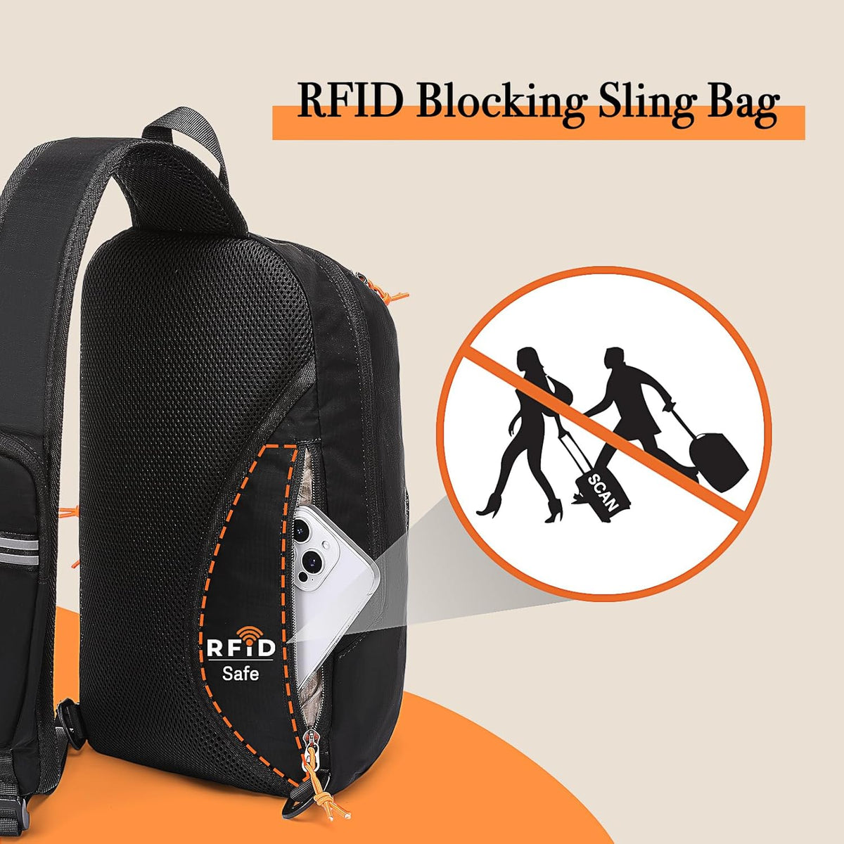 Sling Bag RFID Crossbody Sling Backpack for Women Men, Anti Theft Travel Hiking Daypack with Front Mesh Pocket One Shoulder Chest Bag, Black