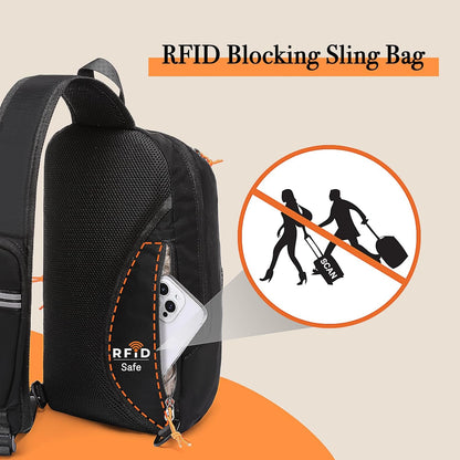 Sling Bag RFID Crossbody Sling Backpack for Women Men, Anti Theft Travel Hiking Daypack with Front Mesh Pocket One Shoulder Chest Bag, Black