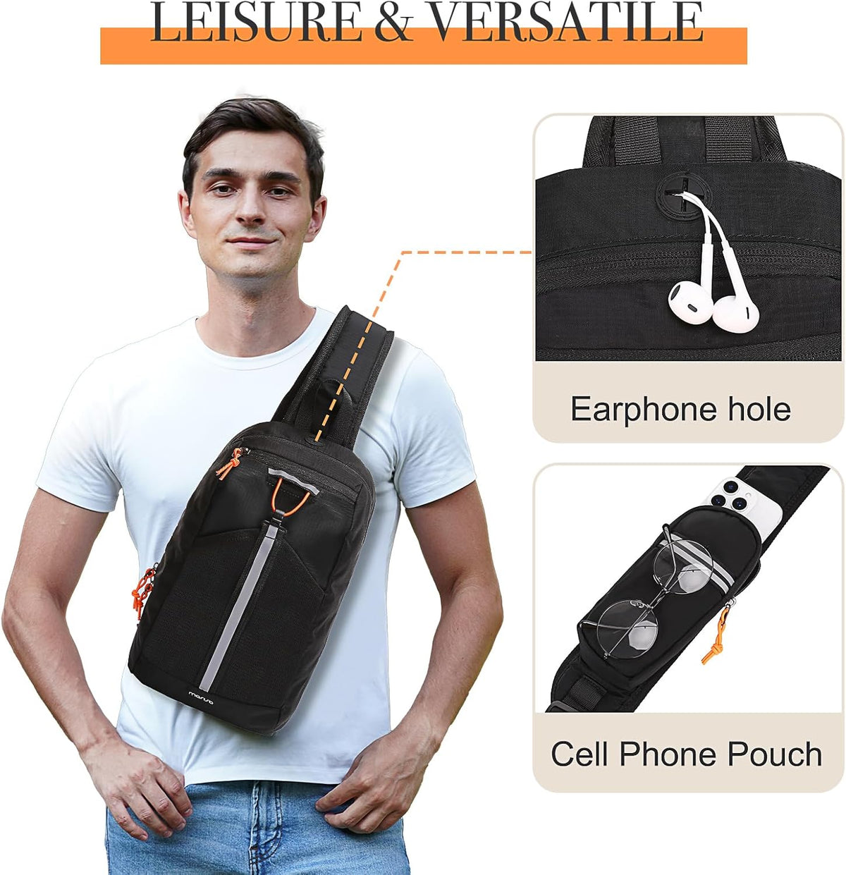 Sling Bag RFID Crossbody Sling Backpack for Women Men, Anti Theft Travel Hiking Daypack with Front Mesh Pocket One Shoulder Chest Bag, Black