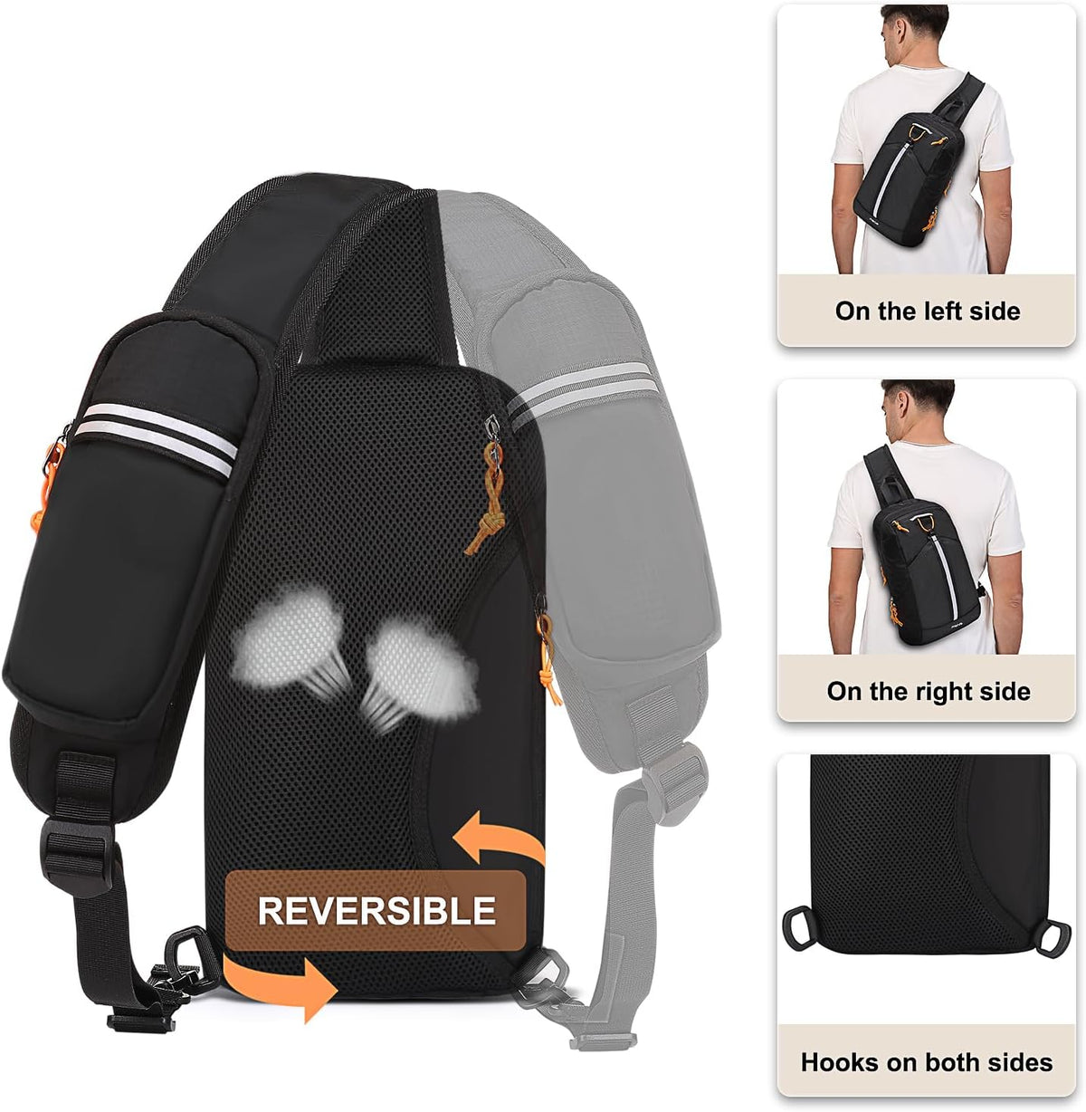 Sling Bag RFID Crossbody Sling Backpack for Women Men, Anti Theft Travel Hiking Daypack with Front Mesh Pocket One Shoulder Chest Bag, Black