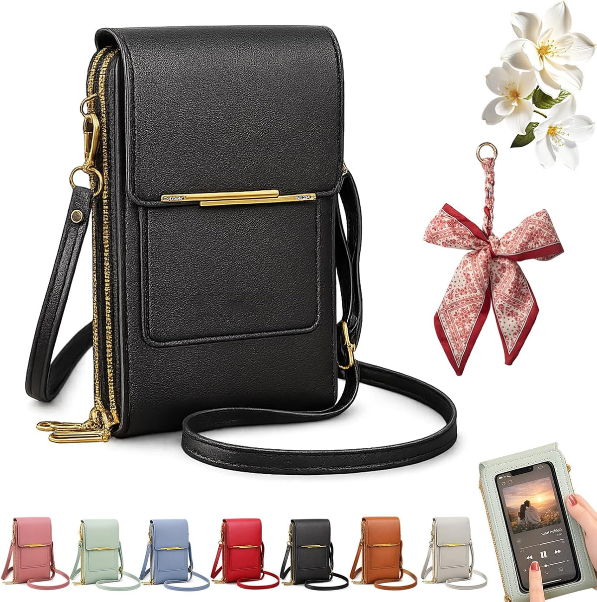 Women's Touch Screen Mobile Phone Messenger Bag, Anti-Theft RFID Leather Crossbody Purse with Clear Window for Shopping