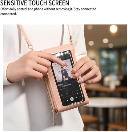 Women's Touch Screen Mobile Phone Messenger Bag, Anti-Theft RFID Leather Crossbody Purse with Clear Window for Shopping