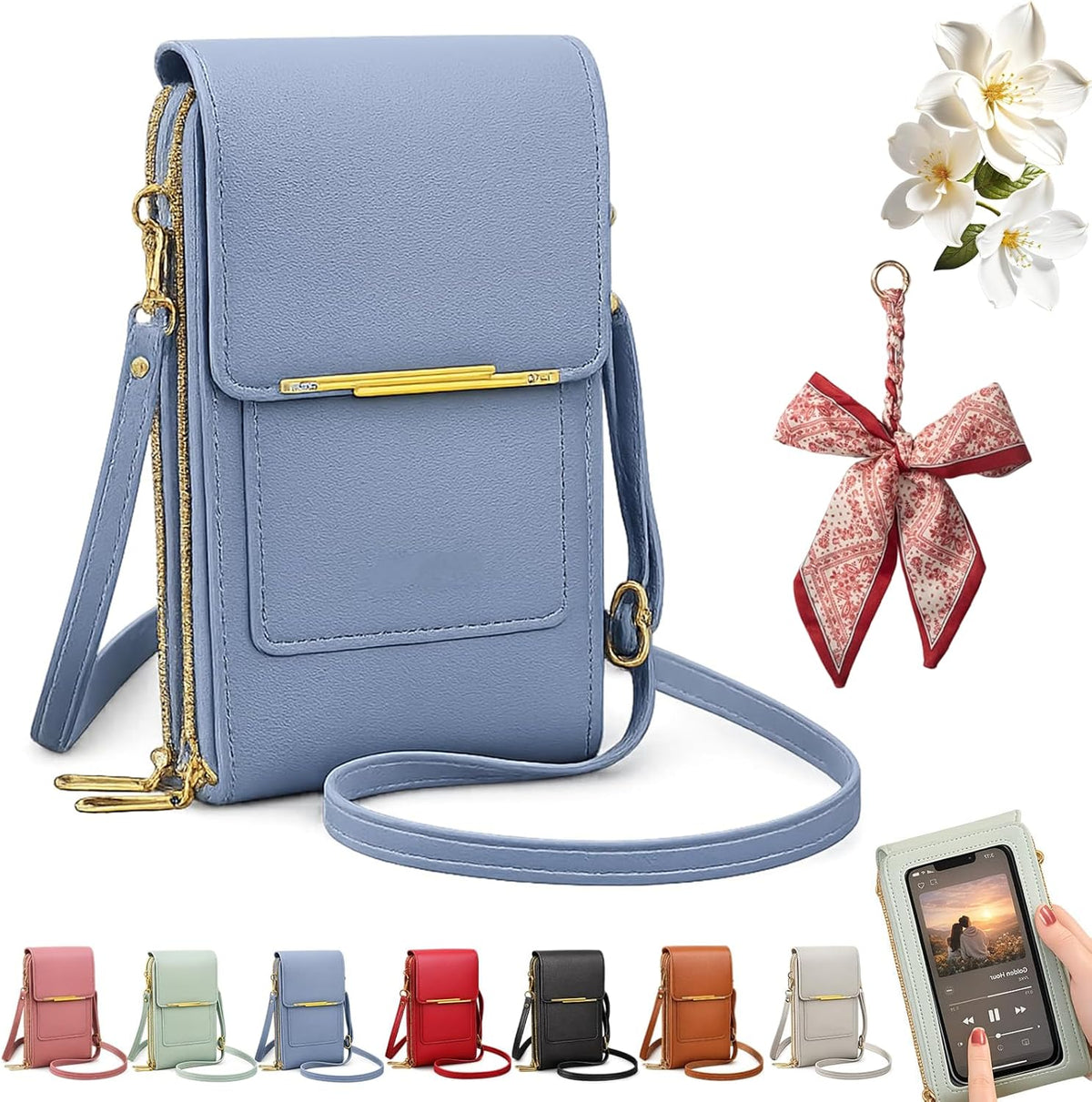 Women's Touch Screen Mobile Phone Messenger Bag, Anti-Theft RFID Leather Crossbody Purse with Clear Window for Shopping