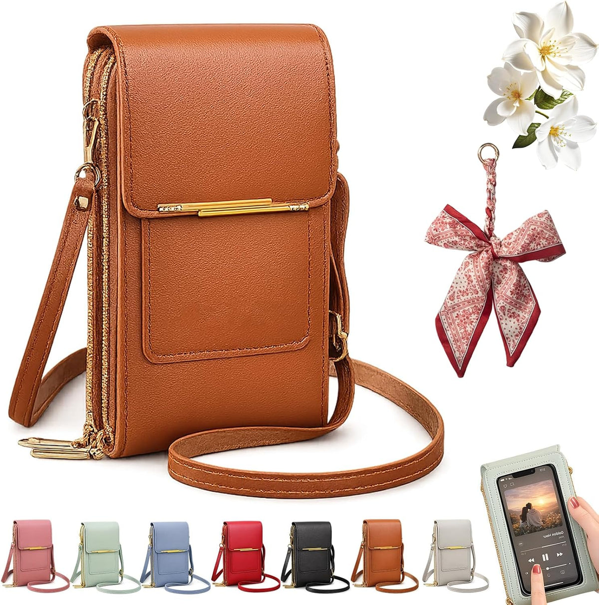 Women's Touch Screen Mobile Phone Messenger Bag, Anti-Theft RFID Leather Crossbody Purse with Clear Window for Shopping