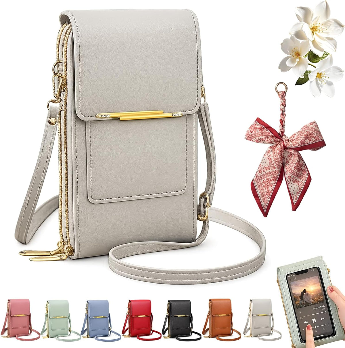 Women's Touch Screen Mobile Phone Messenger Bag, Anti-Theft RFID Leather Crossbody Purse with Clear Window for Shopping