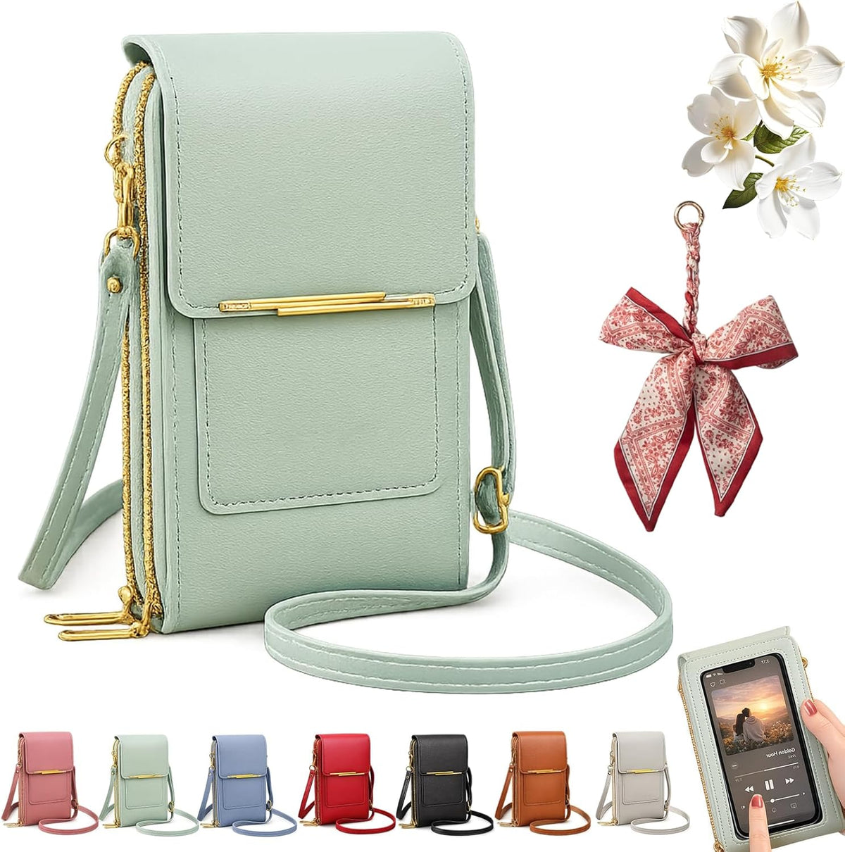 Women's Touch Screen Mobile Phone Messenger Bag, Anti-Theft RFID Leather Crossbody Purse with Clear Window for Shopping