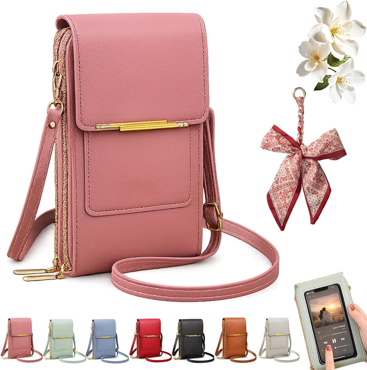 Women's Touch Screen Mobile Phone Messenger Bag, Anti-Theft RFID Leather Crossbody Purse with Clear Window for Shopping