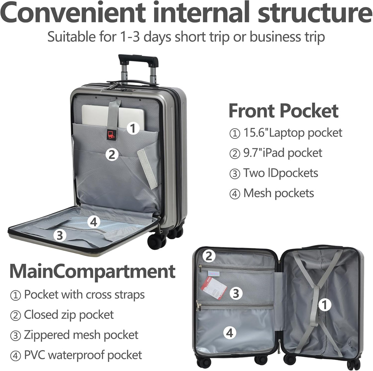 20 Inch Carry On Luggage with Front Pocket, 21.65 * 15.35 * 7.87" Suitable for Airplane Overhead Bin, 34L Lightweight PC+ABS Hardshell with YKK Zipper, TSA Lock Approved, Dark Green