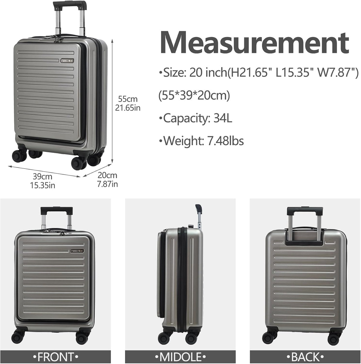 20 Inch Carry On Luggage with Front Pocket, 21.65 * 15.35 * 7.87" Suitable for Airplane Overhead Bin, 34L Lightweight PC+ABS Hardshell with YKK Zipper, TSA Lock Approved, Dark Green