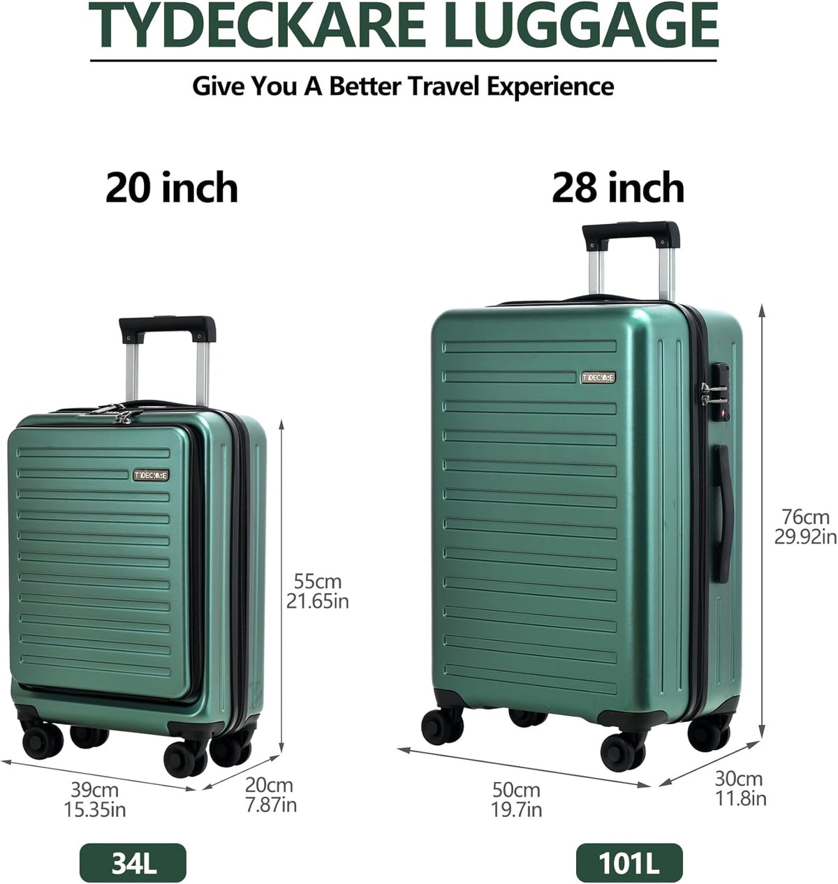 20 Inch Carry On Luggage with Front Pocket, 21.65 * 15.35 * 7.87" Suitable for Airplane Overhead Bin, 34L Lightweight PC+ABS Hardshell with YKK Zipper, TSA Lock Approved, Dark Green