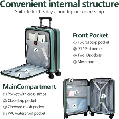 20 Inch Carry On Luggage with Front Pocket, 21.65 * 15.35 * 7.87" Suitable for Airplane Overhead Bin, 34L Lightweight PC+ABS Hardshell with YKK Zipper, TSA Lock Approved, Dark Green