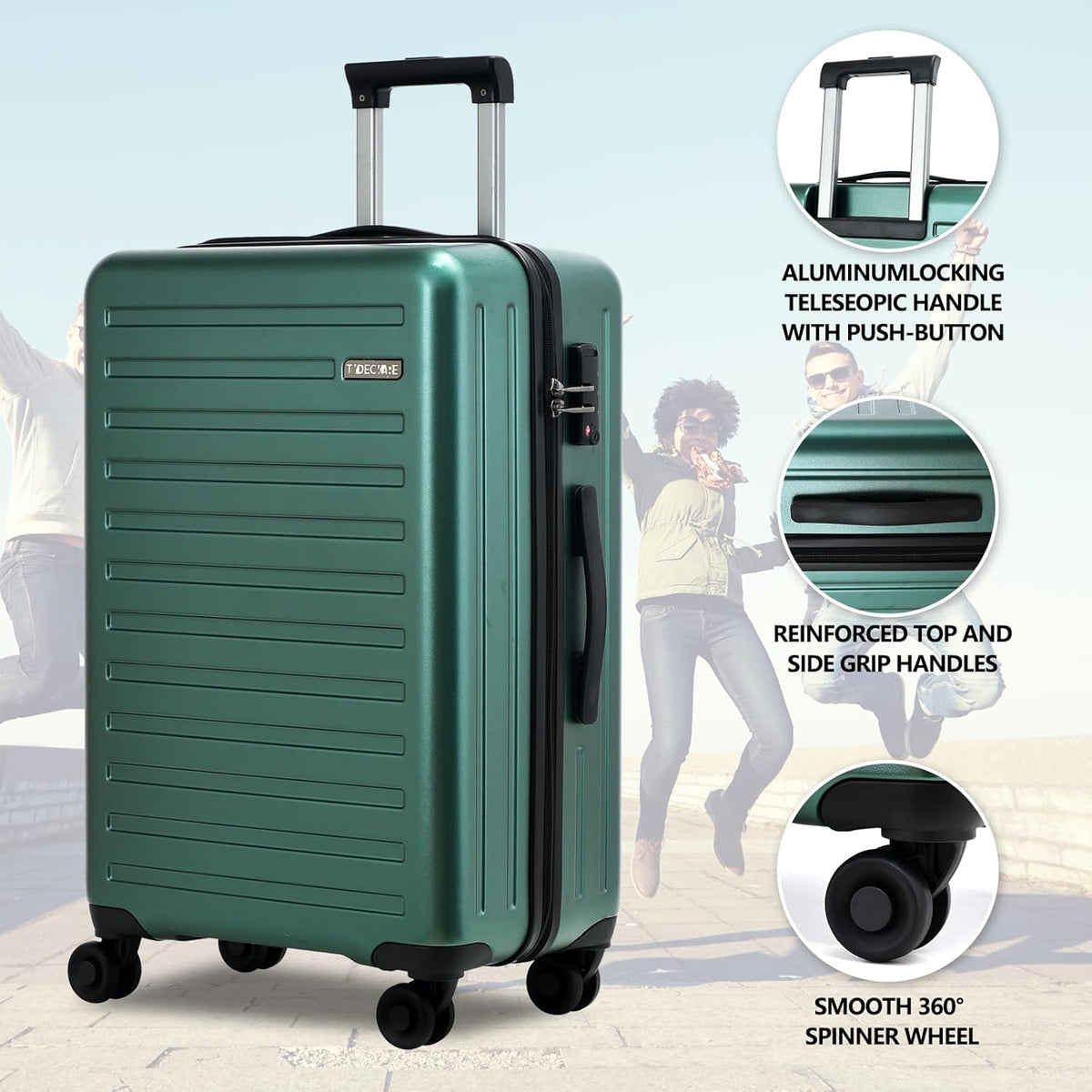 20 Inch Carry On Luggage with Front Pocket, 21.65 * 15.35 * 7.87" Suitable for Airplane Overhead Bin, 34L Lightweight PC+ABS Hardshell with YKK Zipper, TSA Lock Approved, Dark Green