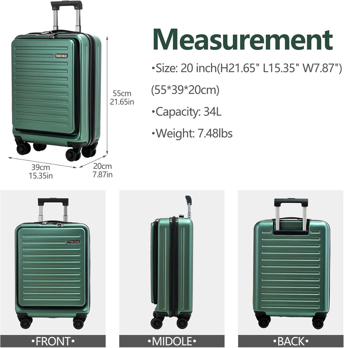 20 Inch Carry On Luggage with Front Pocket, 21.65 * 15.35 * 7.87" Suitable for Airplane Overhead Bin, 34L Lightweight PC+ABS Hardshell with YKK Zipper, TSA Lock Approved, Dark Green