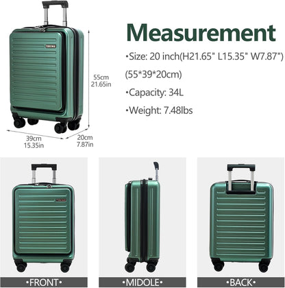 20 Inch Carry On Luggage with Front Pocket, 21.65 * 15.35 * 7.87" Suitable for Airplane Overhead Bin, 34L Lightweight PC+ABS Hardshell with YKK Zipper, TSA Lock Approved, Dark Green