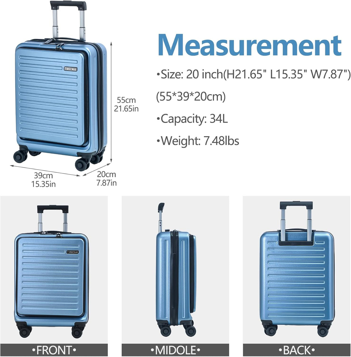 20 Inch Carry On Luggage with Front Pocket, 21.65 * 15.35 * 7.87" Suitable for Airplane Overhead Bin, 34L Lightweight PC+ABS Hardshell with YKK Zipper, TSA Lock Approved, Dark Green