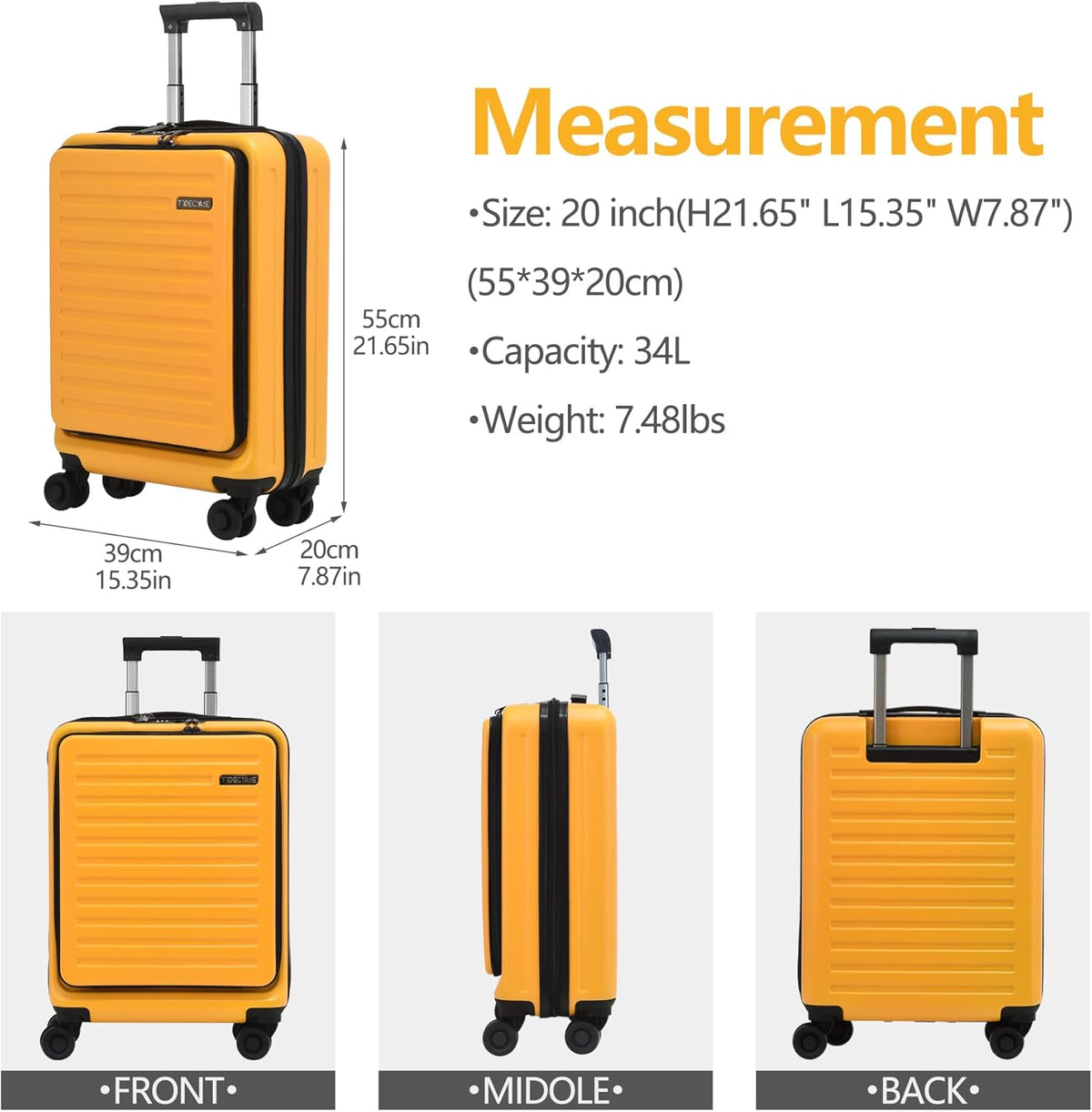 20 Inch Carry On Luggage with Front Pocket, 21.65 * 15.35 * 7.87" Suitable for Airplane Overhead Bin, 34L Lightweight PC+ABS Hardshell with YKK Zipper, TSA Lock Approved, Dark Green