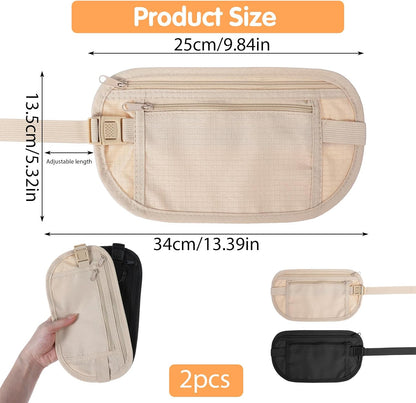 2 Pcs Travel Money Belt for Women,Hidden Money Pouch for Travel,Undercover Anti-Theft Travels Moneys Belt Under Clothes for Cash Cards Passport Keys Mobile Phone for Men Women
