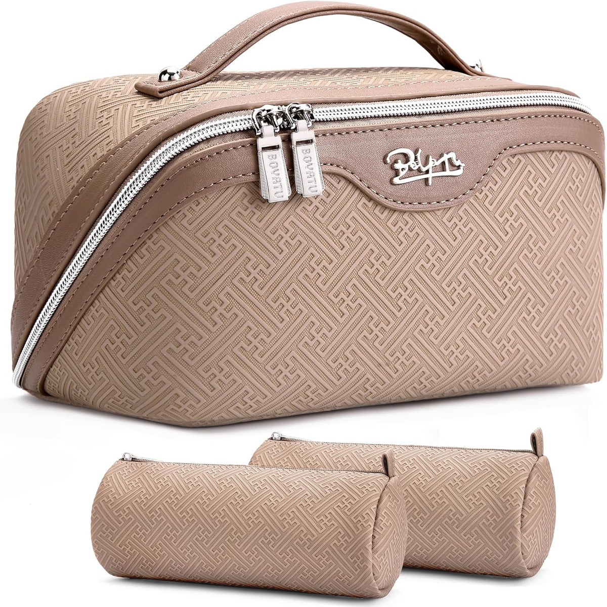 Travel Makeup Bags for Women: Vintage Roman Column Texture | Each Journey, Quiet Luxury Serenity - 3 Pcs Set Large Capacity Cosmetic Bag Organizer Toiletry Purse(Green)