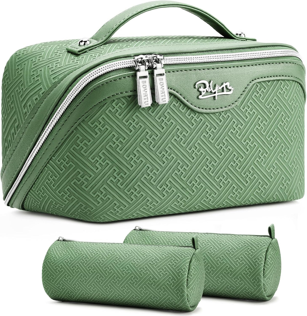 Travel Makeup Bags for Women: Vintage Roman Column Texture | Each Journey, Quiet Luxury Serenity - 3 Pcs Set Large Capacity Cosmetic Bag Organizer Toiletry Purse(Green)