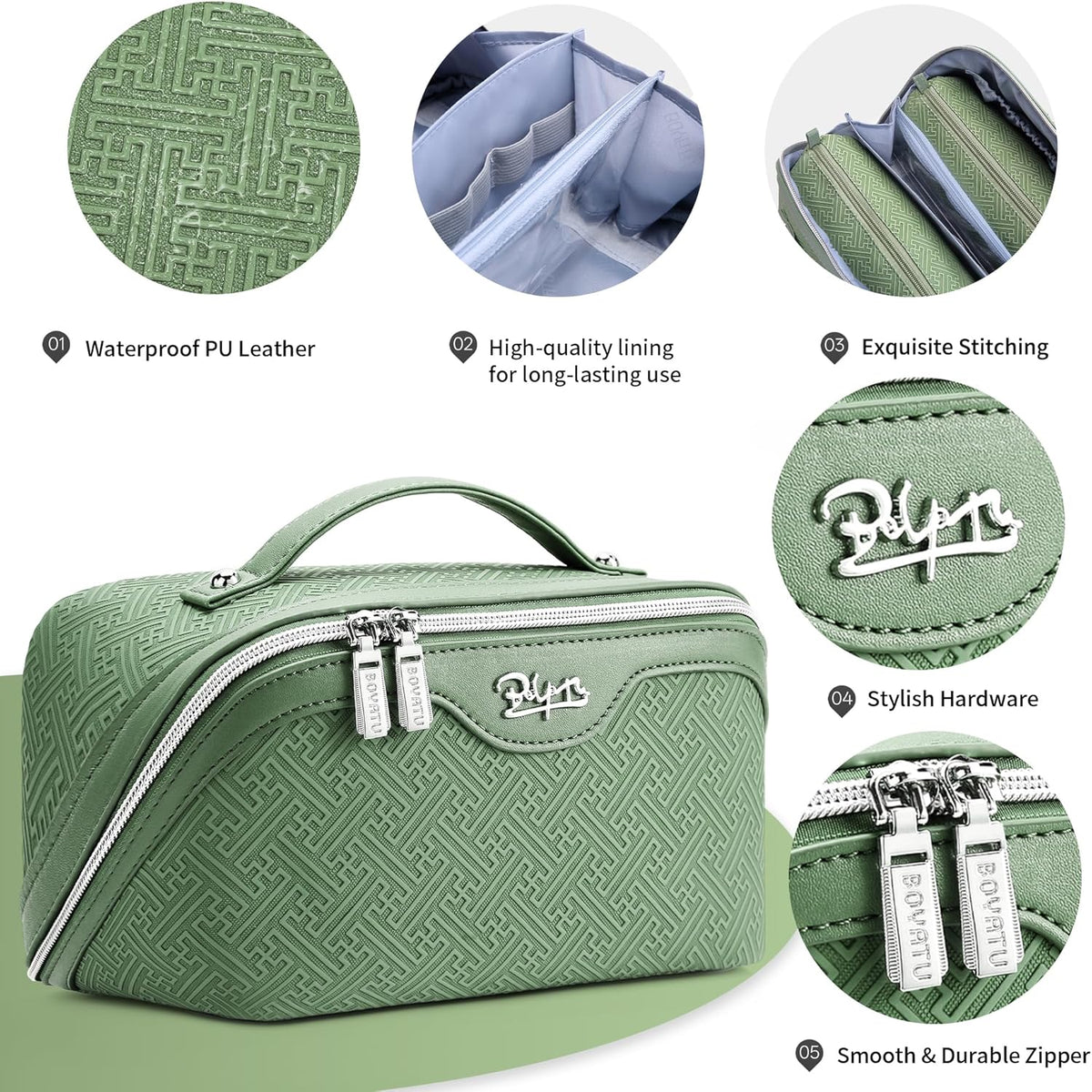 Travel Makeup Bags for Women: Vintage Roman Column Texture | Each Journey, Quiet Luxury Serenity - 3 Pcs Set Large Capacity Cosmetic Bag Organizer Toiletry Purse(Green)