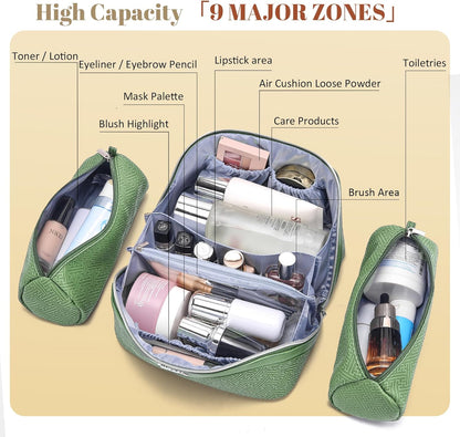 Travel Makeup Bags for Women: Vintage Roman Column Texture | Each Journey, Quiet Luxury Serenity - 3 Pcs Set Large Capacity Cosmetic Bag Organizer Toiletry Purse(Green)