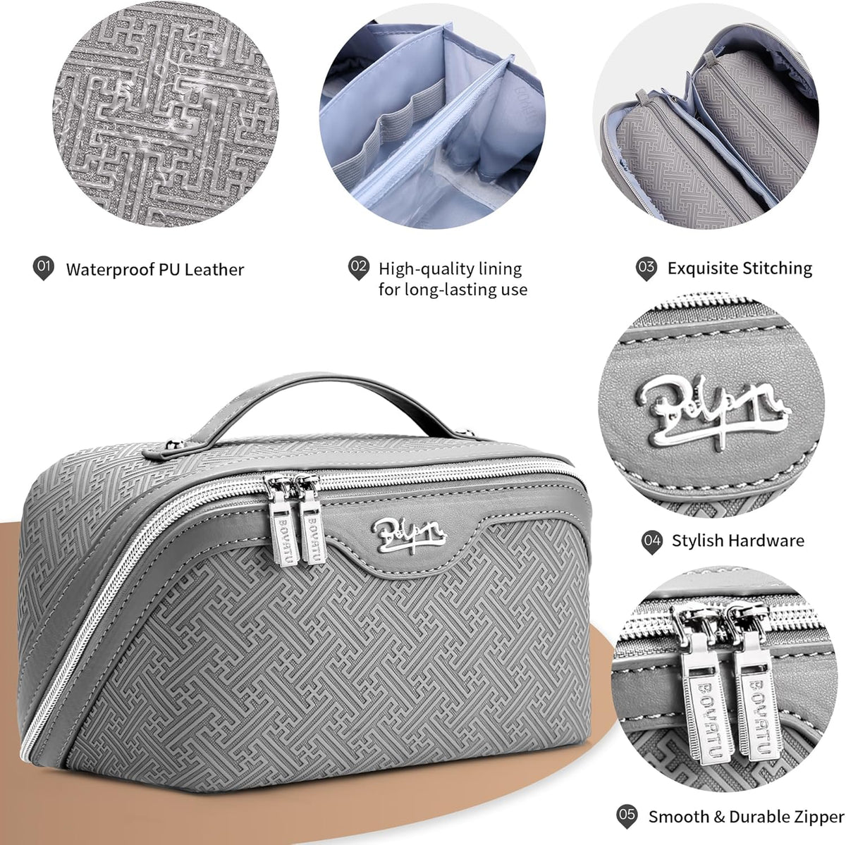 Travel Makeup Bags for Women: Vintage Roman Column Texture | Each Journey, Quiet Luxury Serenity - 3 Pcs Set Large Capacity Cosmetic Bag Organizer Toiletry Purse(Green)