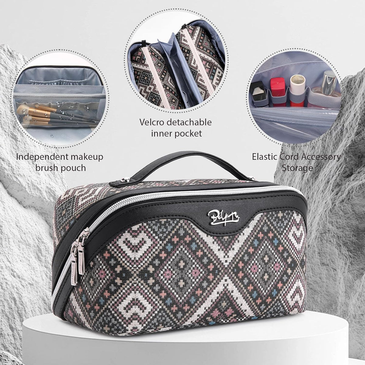 Travel Makeup Bags for Women: Vintage Roman Column Texture | Each Journey, Quiet Luxury Serenity - 3 Pcs Set Large Capacity Cosmetic Bag Organizer Toiletry Purse(Green)