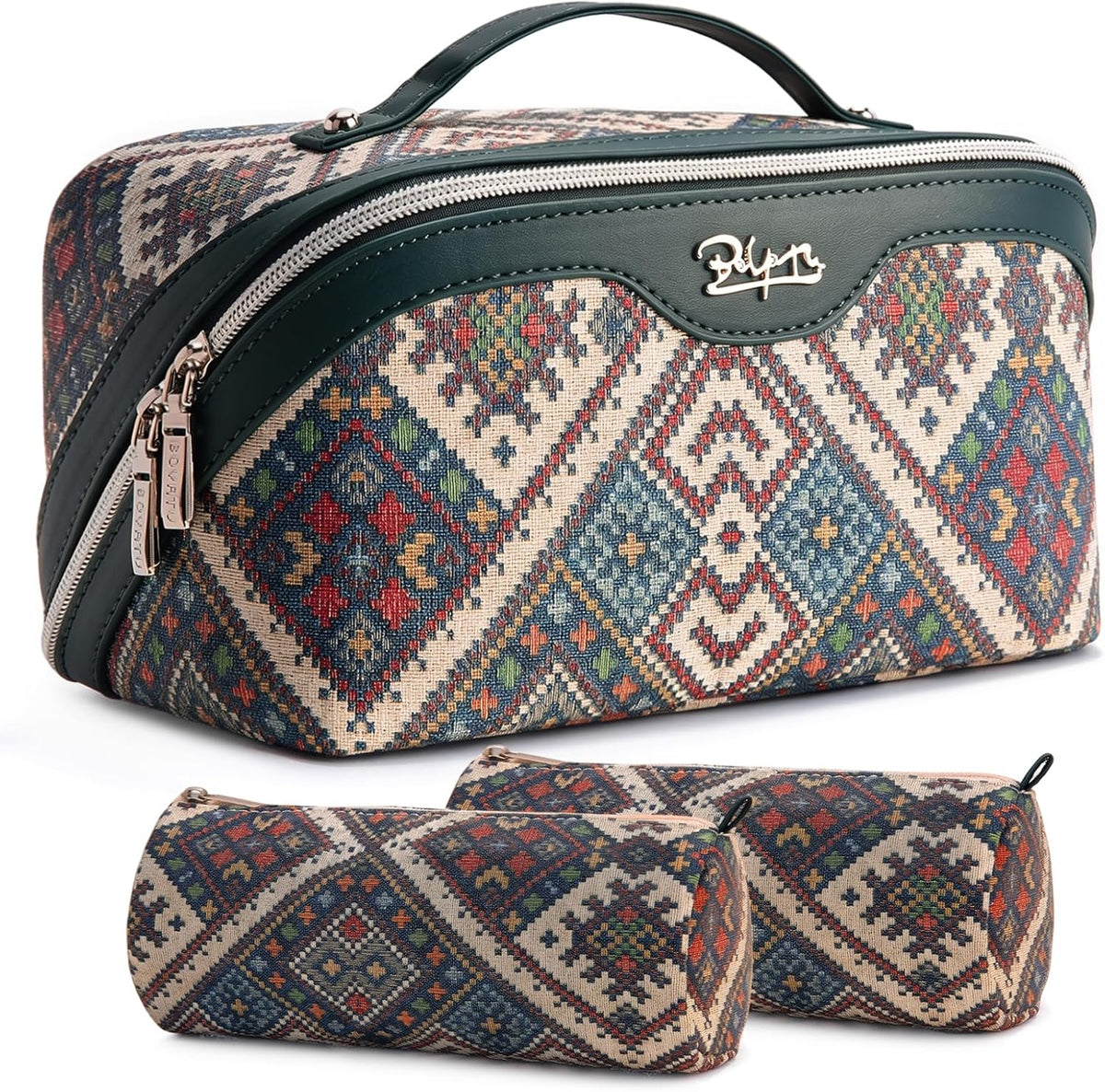 Travel Makeup Bags for Women: Vintage Roman Column Texture | Each Journey, Quiet Luxury Serenity - 3 Pcs Set Large Capacity Cosmetic Bag Organizer Toiletry Purse(Green)