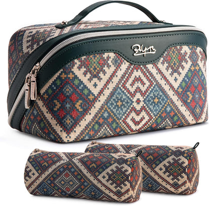Travel Makeup Bags for Women: Vintage Roman Column Texture | Each Journey, Quiet Luxury Serenity - 3 Pcs Set Large Capacity Cosmetic Bag Organizer Toiletry Purse(Green)