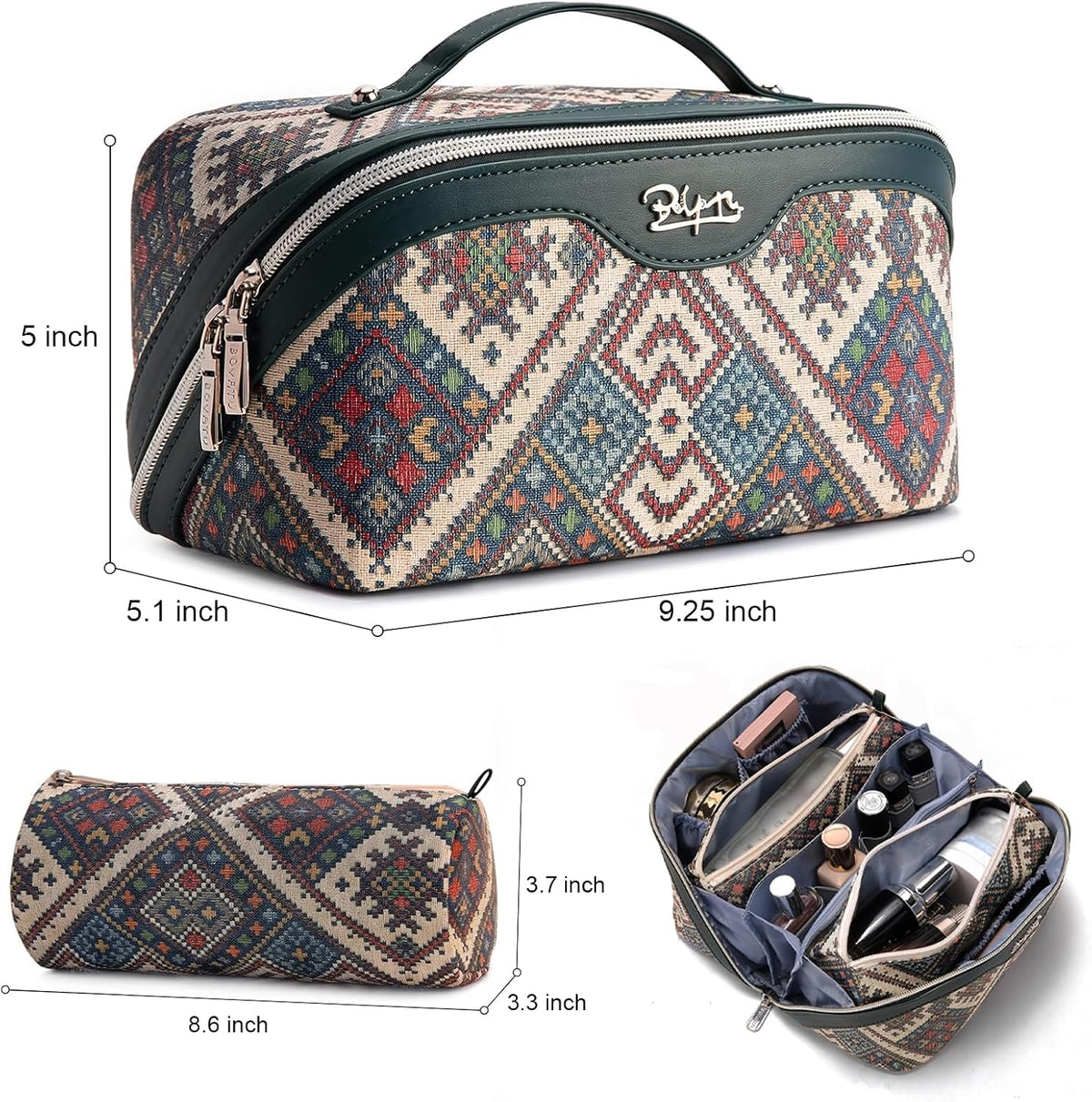 Travel Makeup Bags for Women: Vintage Roman Column Texture | Each Journey, Quiet Luxury Serenity - 3 Pcs Set Large Capacity Cosmetic Bag Organizer Toiletry Purse(Green)