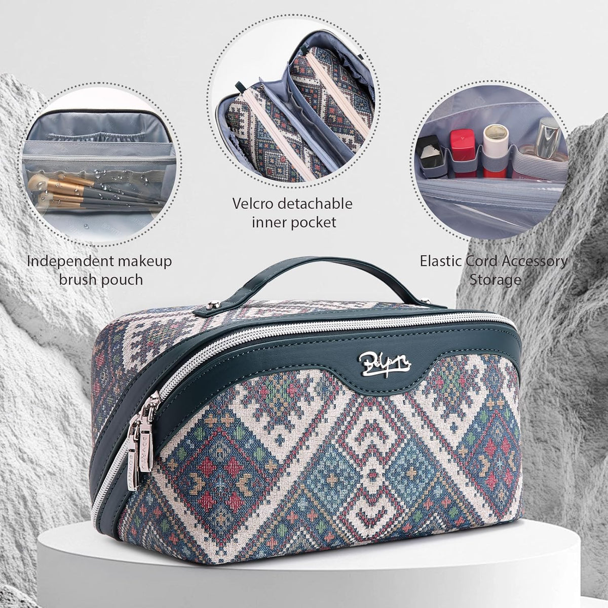 Travel Makeup Bags for Women: Vintage Roman Column Texture | Each Journey, Quiet Luxury Serenity - 3 Pcs Set Large Capacity Cosmetic Bag Organizer Toiletry Purse(Green)