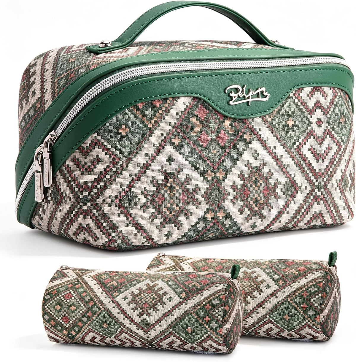 Travel Makeup Bags for Women: Vintage Roman Column Texture | Each Journey, Quiet Luxury Serenity - 3 Pcs Set Large Capacity Cosmetic Bag Organizer Toiletry Purse(Green)