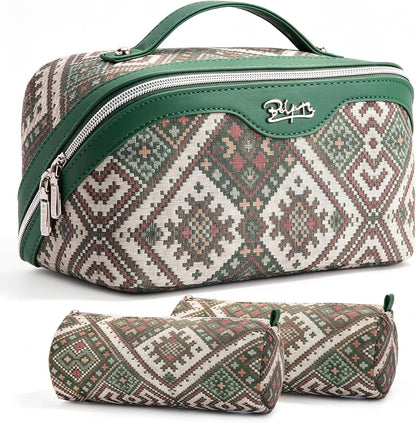 Travel Makeup Bags for Women: Vintage Roman Column Texture | Each Journey, Quiet Luxury Serenity - 3 Pcs Set Large Capacity Cosmetic Bag Organizer Toiletry Purse(Green)