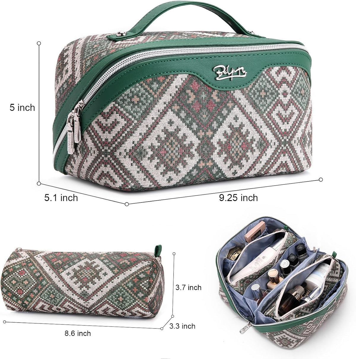 Travel Makeup Bags for Women: Vintage Roman Column Texture | Each Journey, Quiet Luxury Serenity - 3 Pcs Set Large Capacity Cosmetic Bag Organizer Toiletry Purse(Green)