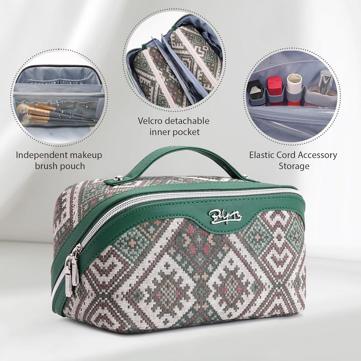 Travel Makeup Bags for Women: Vintage Roman Column Texture | Each Journey, Quiet Luxury Serenity - 3 Pcs Set Large Capacity Cosmetic Bag Organizer Toiletry Purse(Green)